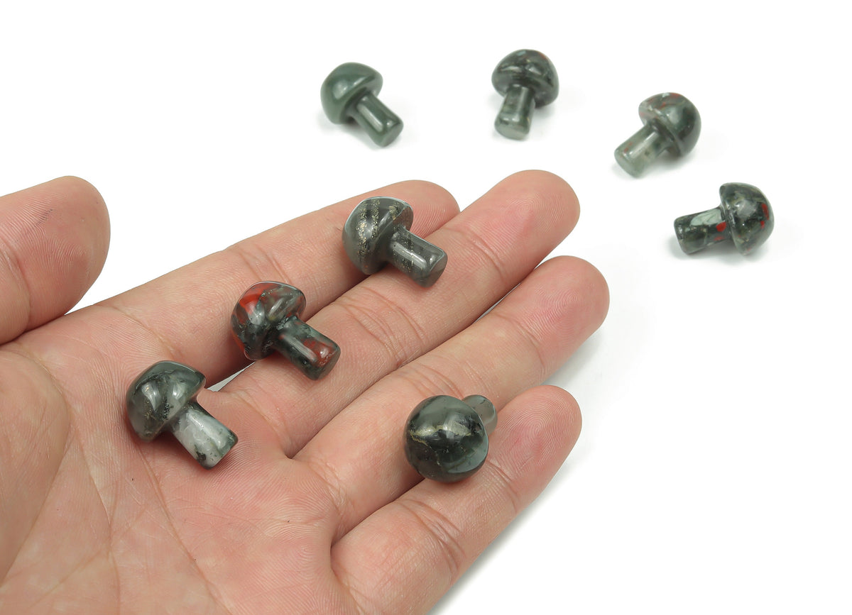20mm African Bloodstone mushroom carved gemstone from GemstoneGO, showcasing polished dark green stone with red bloodstone inclusions.