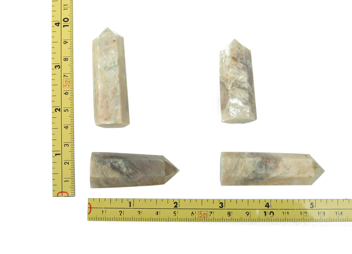Moonstone obelisk crystal tower by GemstoneGO, showcasing a smooth, polished moonstone with natural shimmer and vertical shape.