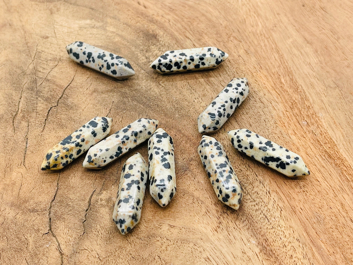 Dalmatian Jasper carved terminated point gemstone, 33mm, from GemstoneGO, showcasing black spots on a cream background.