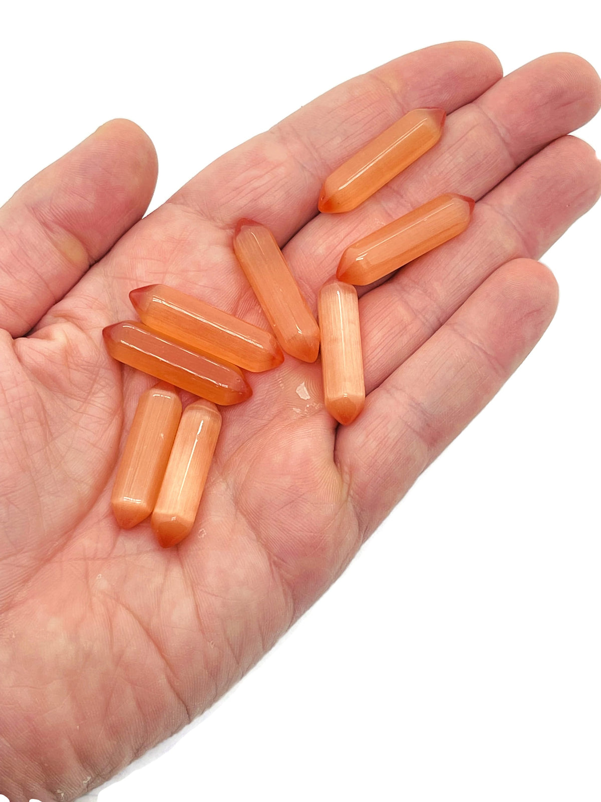 Orange Cats Eye gemstone carved point, 33mm, featuring vibrant orange color and cat's eye effect, from GemstoneGO.