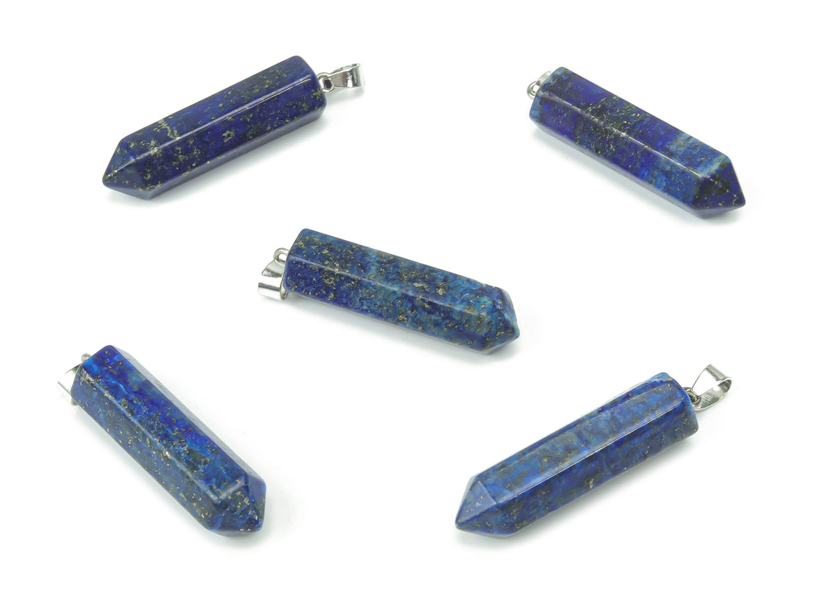 Lapis Lazuli point crystal pendant from GemstoneGO, ideal for jewelry making, showcasing a deep blue gemstone with gold flecks.