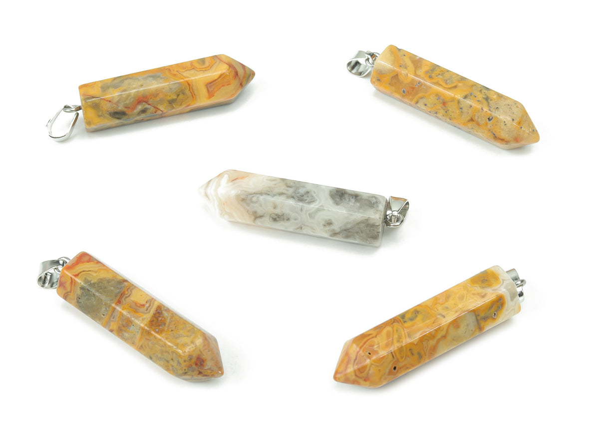 Crazy Lace Agate point crystal pendant by GemstoneGO, featuring vibrant, patterned agate for jewelry making and accessories.