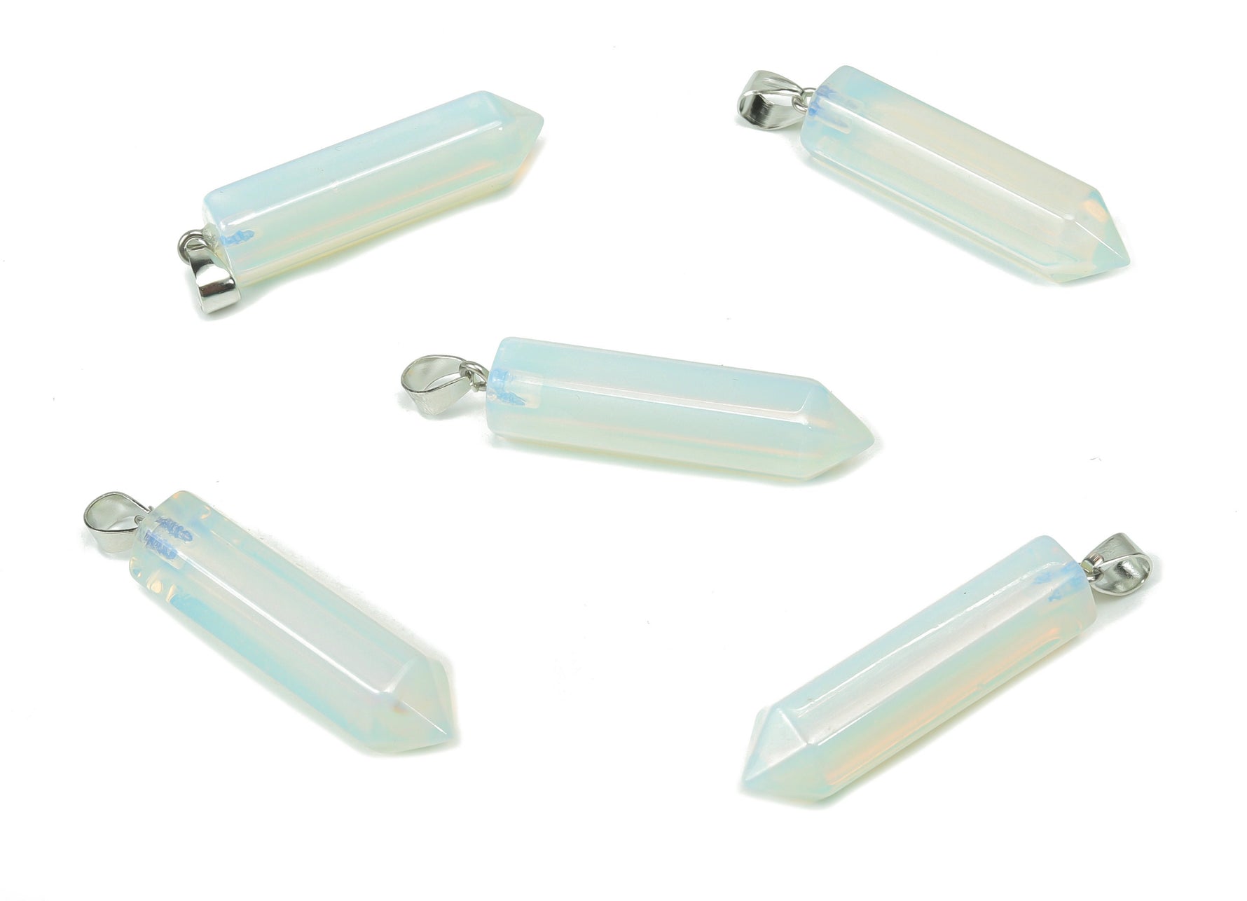 Opalite point crystal pendant from GemstoneGO, ideal for jewelry making, showcasing a smooth, translucent gemstone with a pointed shape.