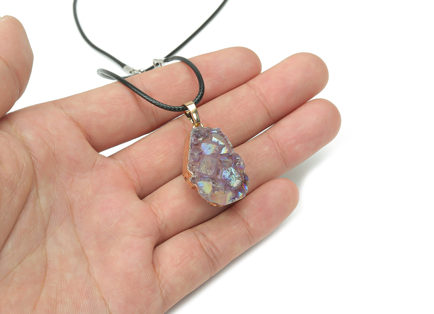 Amethyst cluster crystal necklace on cord from GemstoneGO, featuring a vibrant purple gemstone pendant.