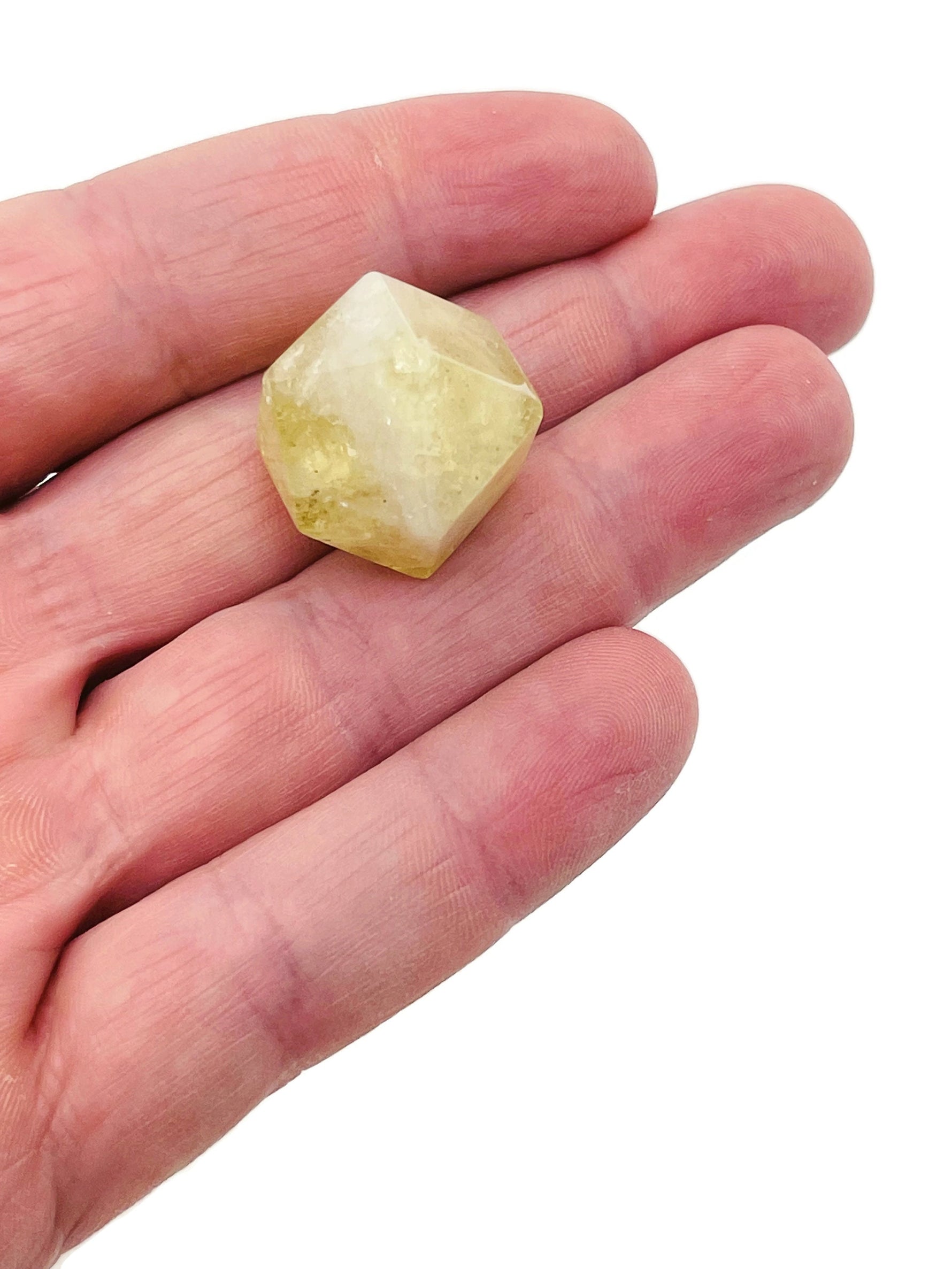 20mm Citrine polyhedron carved gemstone from GemstoneGO, showcasing a vibrant, faceted yellow crystal with intricate carvings.