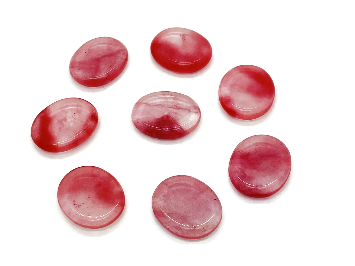Cherry quartz flat gemstone slab from GemstoneGO, showing a vibrant red crystal with smooth edges and natural crystal texture.