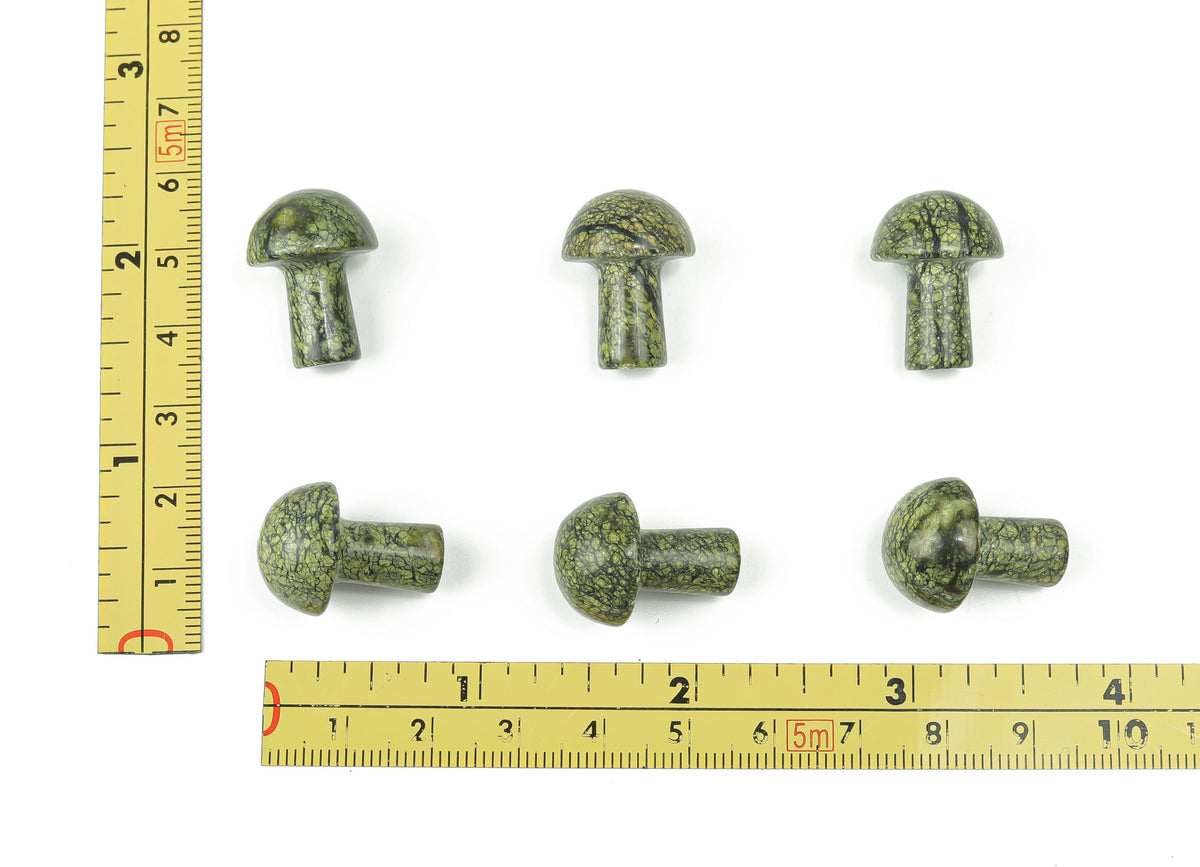 20mm Asterite Serpentine mushroom carved gemstone from GemstoneGO showing detailed green and brown stone carving.