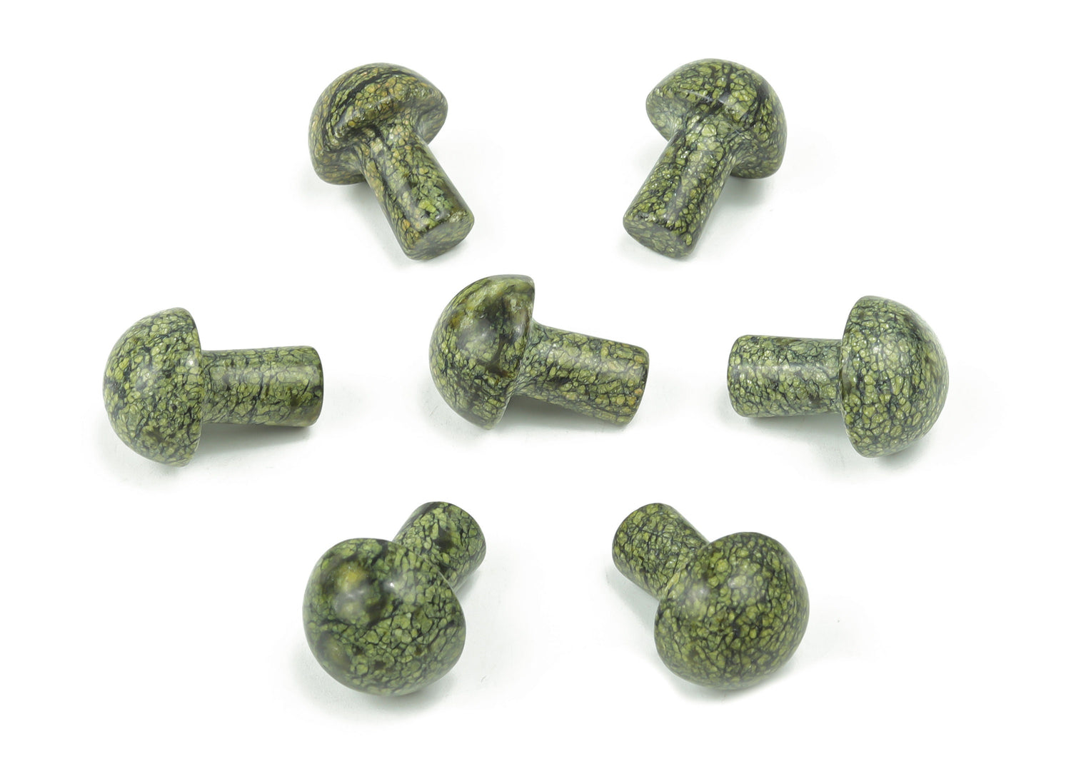 A 20mm Asterite Serpentine mushroom carved gemstone by GemstoneGO, showing detailed green and brown stone carving.
