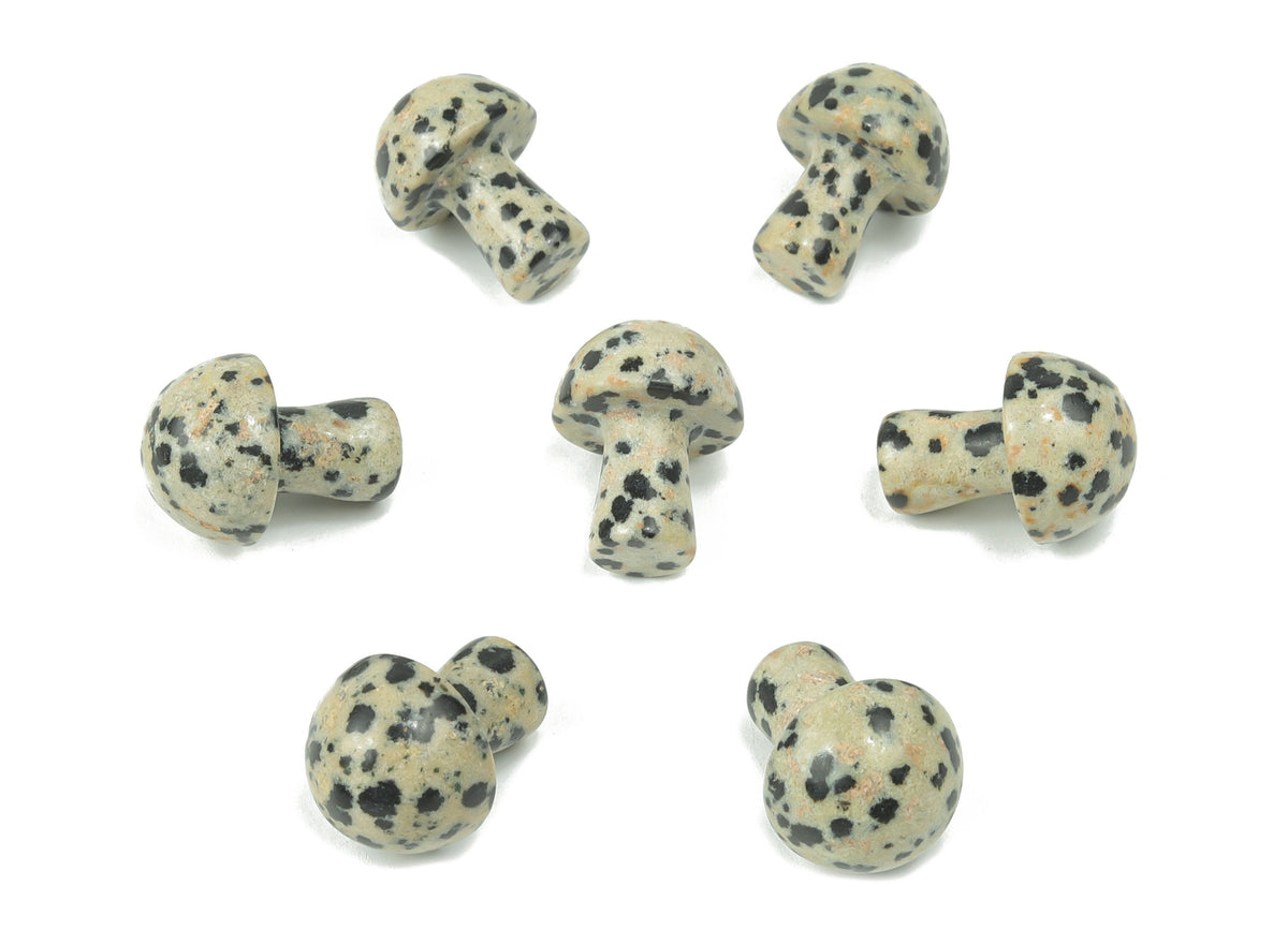 Dalmatian Jasper mushroom carved gemstone, 20mm, showing black spots on cream-colored stone with a natural textured surface.