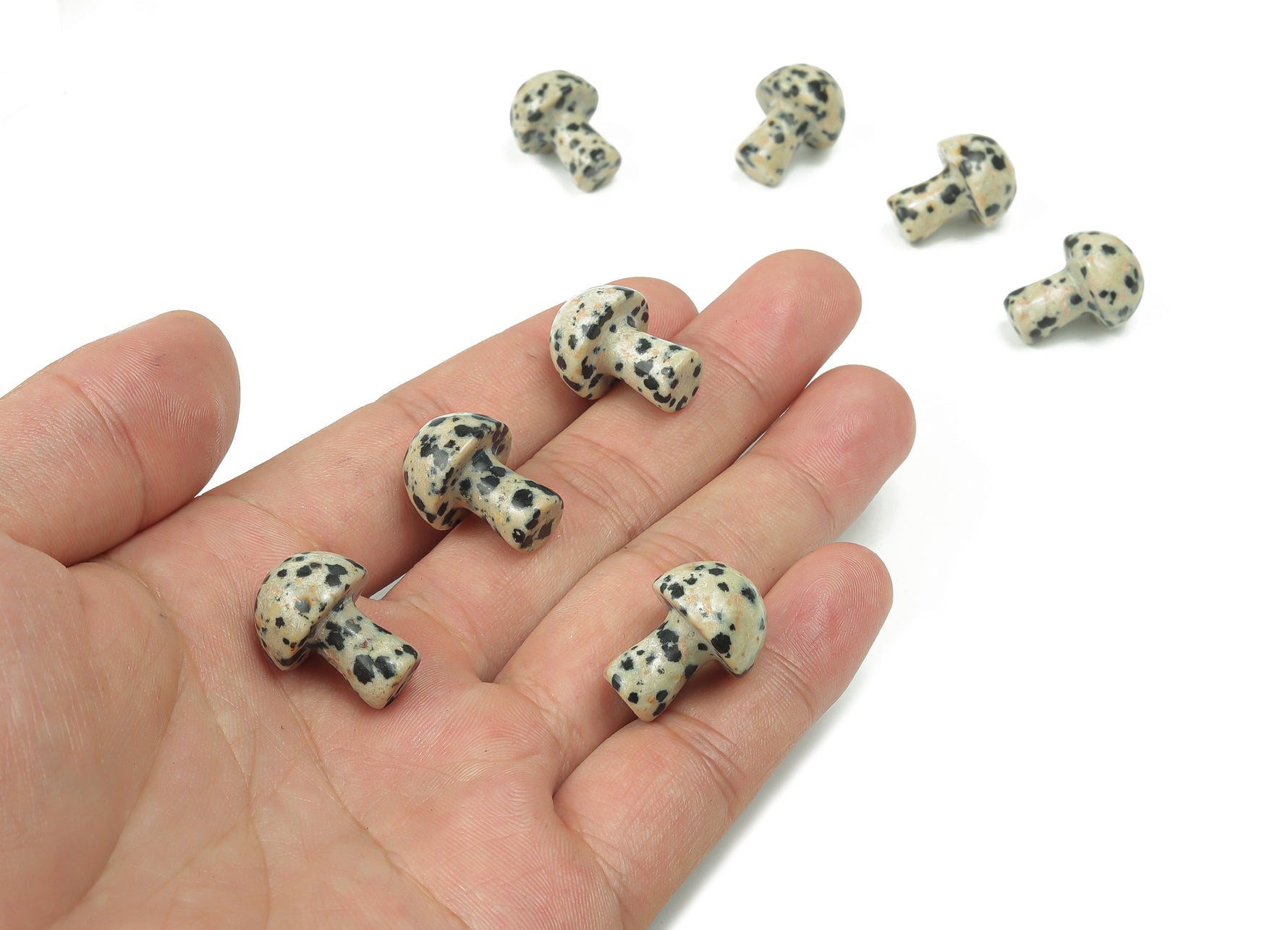 Dalmatian Jasper mushroom carved gemstone, 20mm, featuring black spots on a light background, from GemstoneGO.