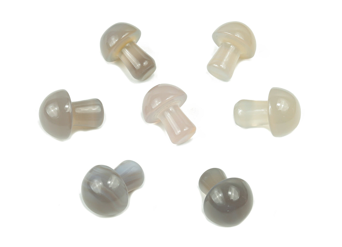 Grey Agate mushroom carved gemstone, 20mm, showcasing detailed craftsmanship and smooth polished surface by GemstoneGO.