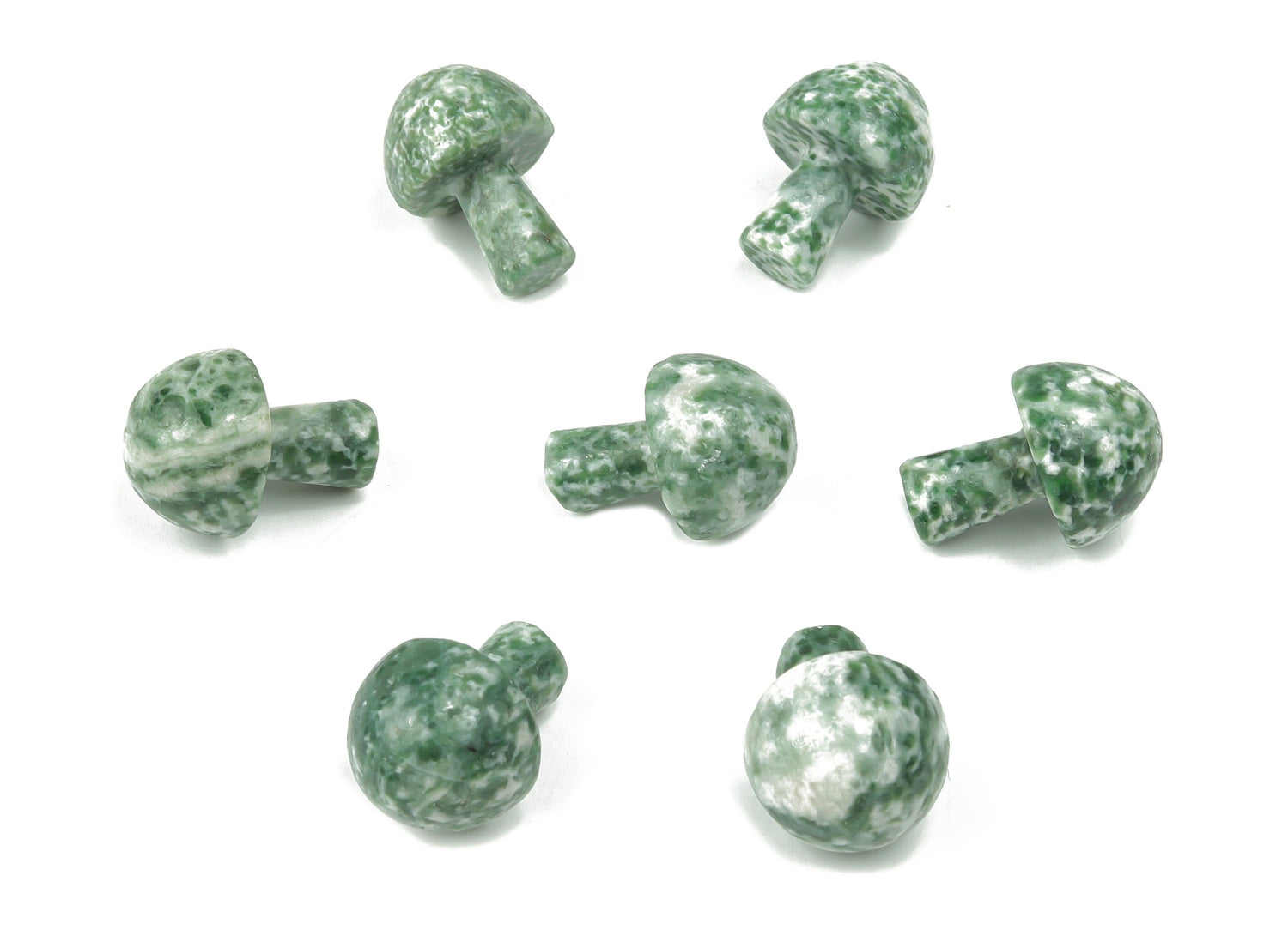 Green Dot Jade mushroom carved gemstone from Qinghai Jade, 20mm, featuring detailed mushroom design by GemstoneGO