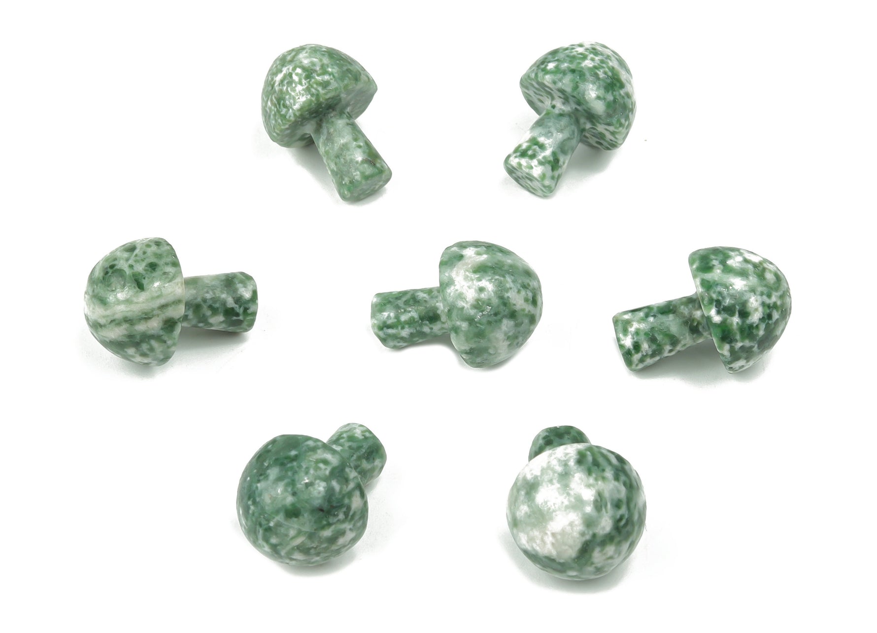 Green Dot Jade mushroom carved gemstone from Qinghai Jade, 20mm, featuring detailed mushroom design by GemstoneGO