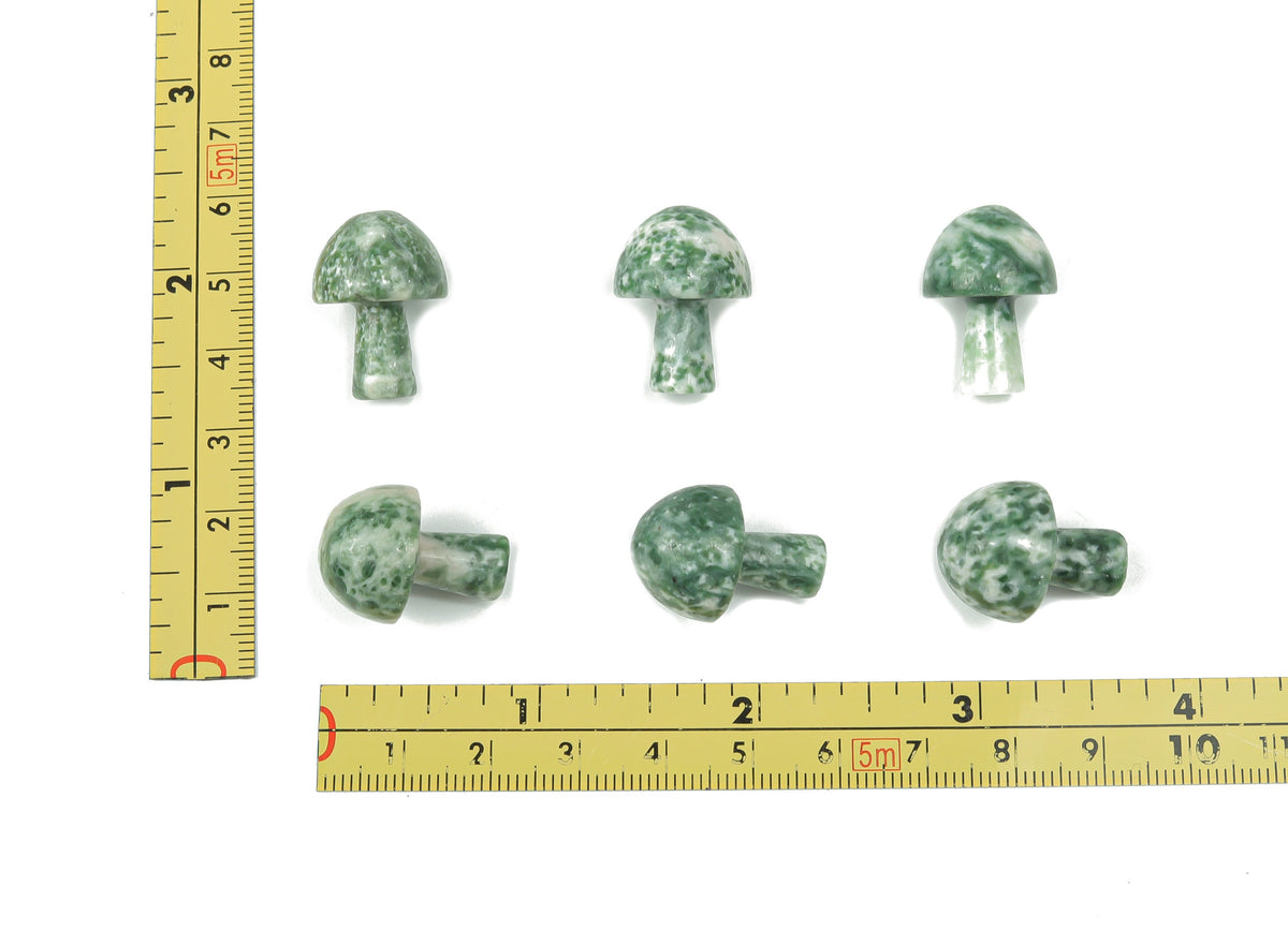 Green Jade Mushroom carved gemstone from Qinghai Jade, 20mm, featuring intricate dot and mushroom carvings by GemstoneGO.