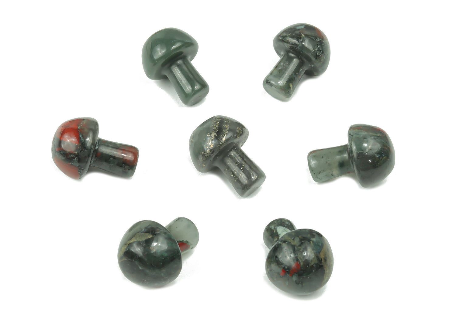 20mm African Bloodstone Mushroom carved gemstone from GemstoneGO, featuring detailed mushroom shape and deep green-red bloodstone color.