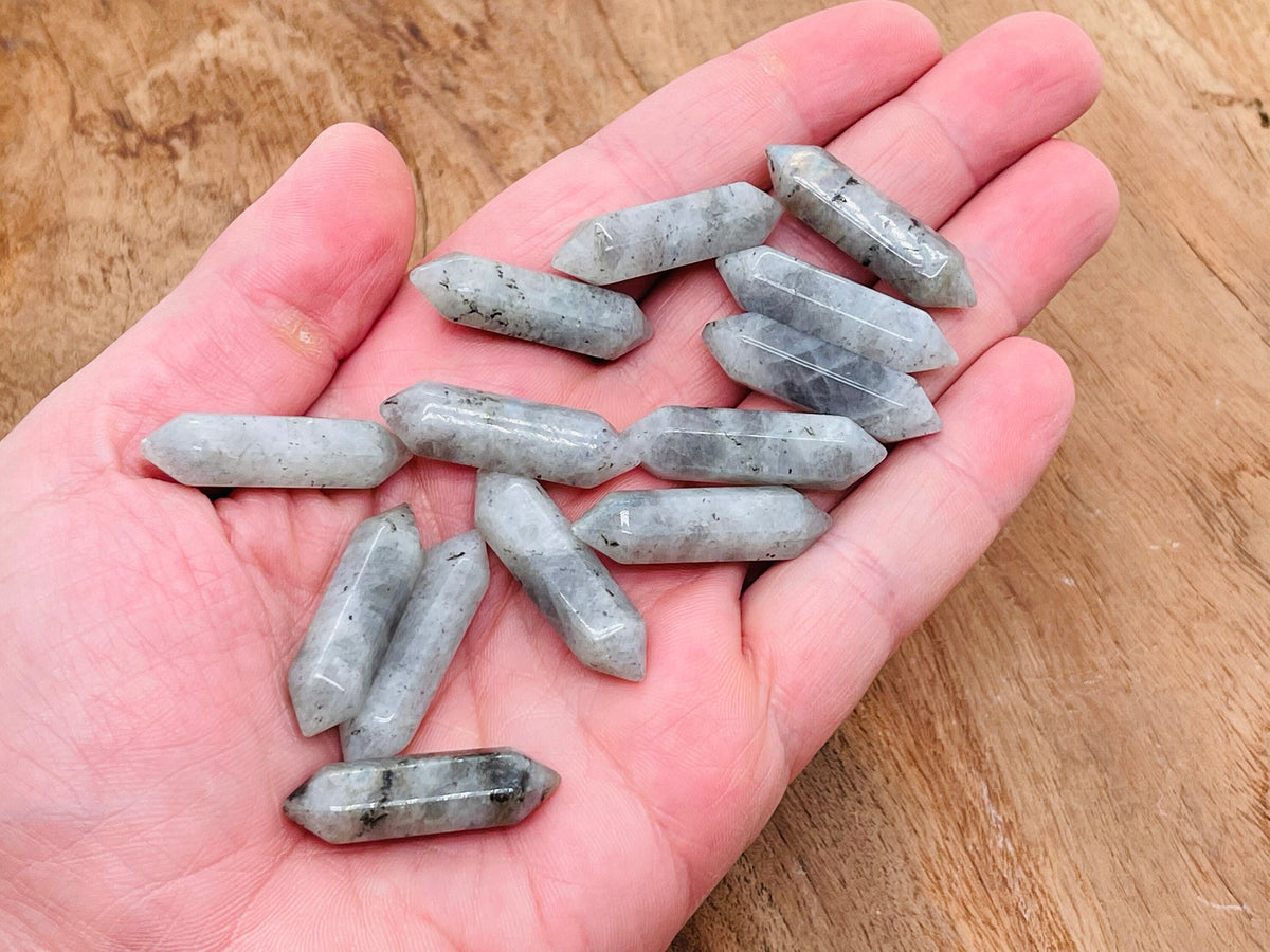 Labradorite terminated carved point gemstone, 33mm, with iridescent blue and green flashes, from GemstoneGO.