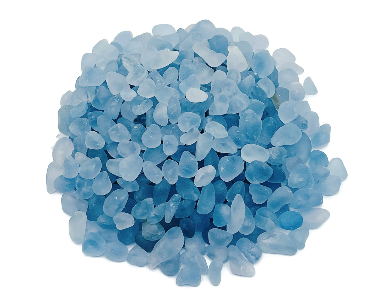 Semi-tumbled celestite crystal chips from GemstoneGO, 5-10mm bulk gemstone stones with blue and white natural mineral appearance.
