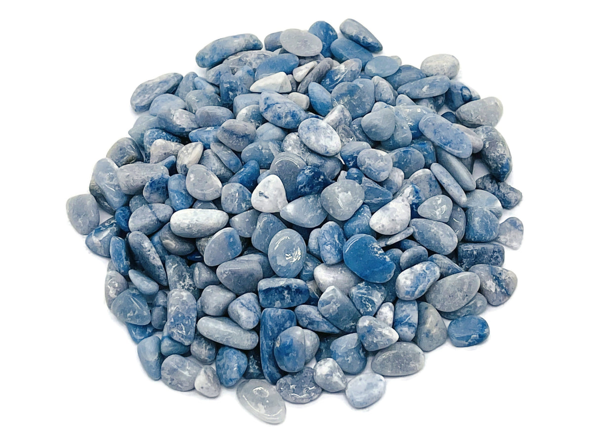 Blue aventurine crystal chips, semi-tumbled 5-7mm gemstone bulk stones from GemstoneGO, shown in a close-up image.