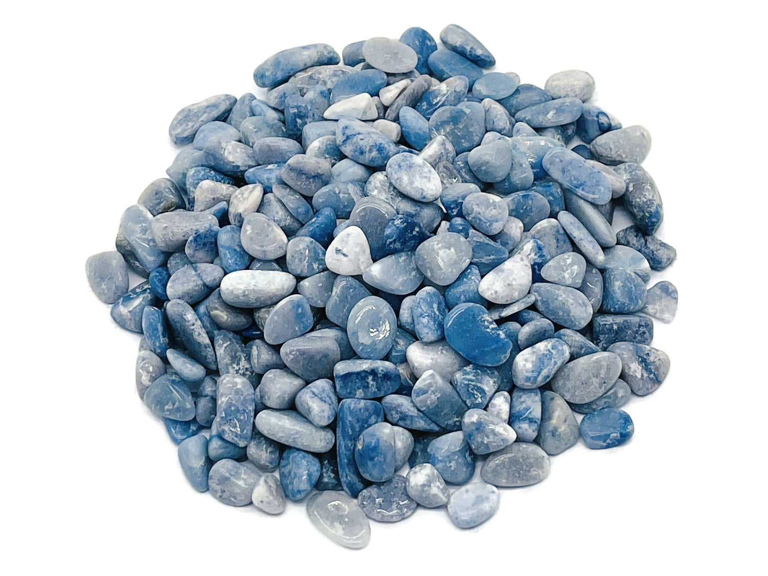Blue aventurine crystal chips, semi-tumbled 5-7mm gemstone bulk stones from GemstoneGO, shown in a close-up image.
