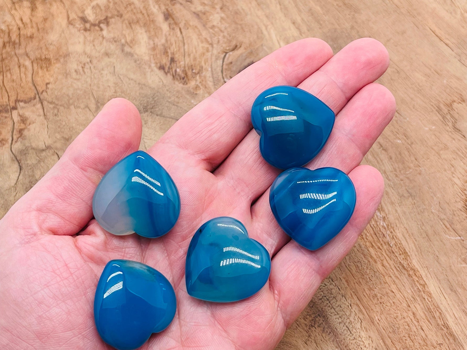 Blue agate heart gemstone pendant, 30mm, vibrant blue stone with natural banding, from GemstoneGO.