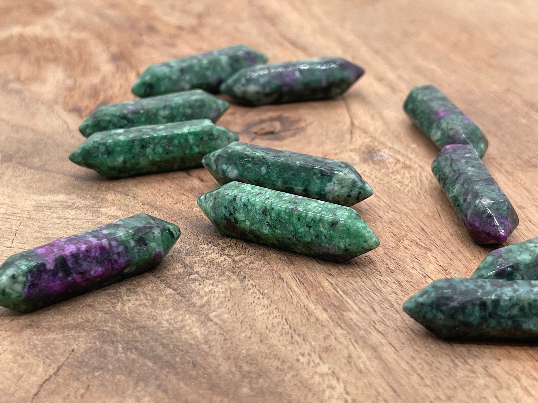Ruby Zoisite gemstone carved point, 33mm, with natural green and red mineral patterns, from GemstoneGO.
