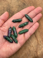 Ruby Zoisite carved point gemstone pendant, 33mm, with vibrant red and green colors, from GemstoneGO.