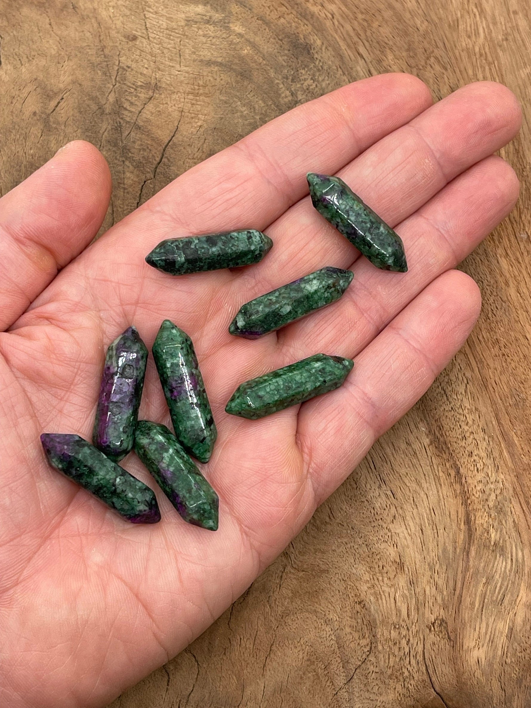 Ruby Zoisite carved point gemstone pendant, 33mm, with vibrant red and green colors, from GemstoneGO.