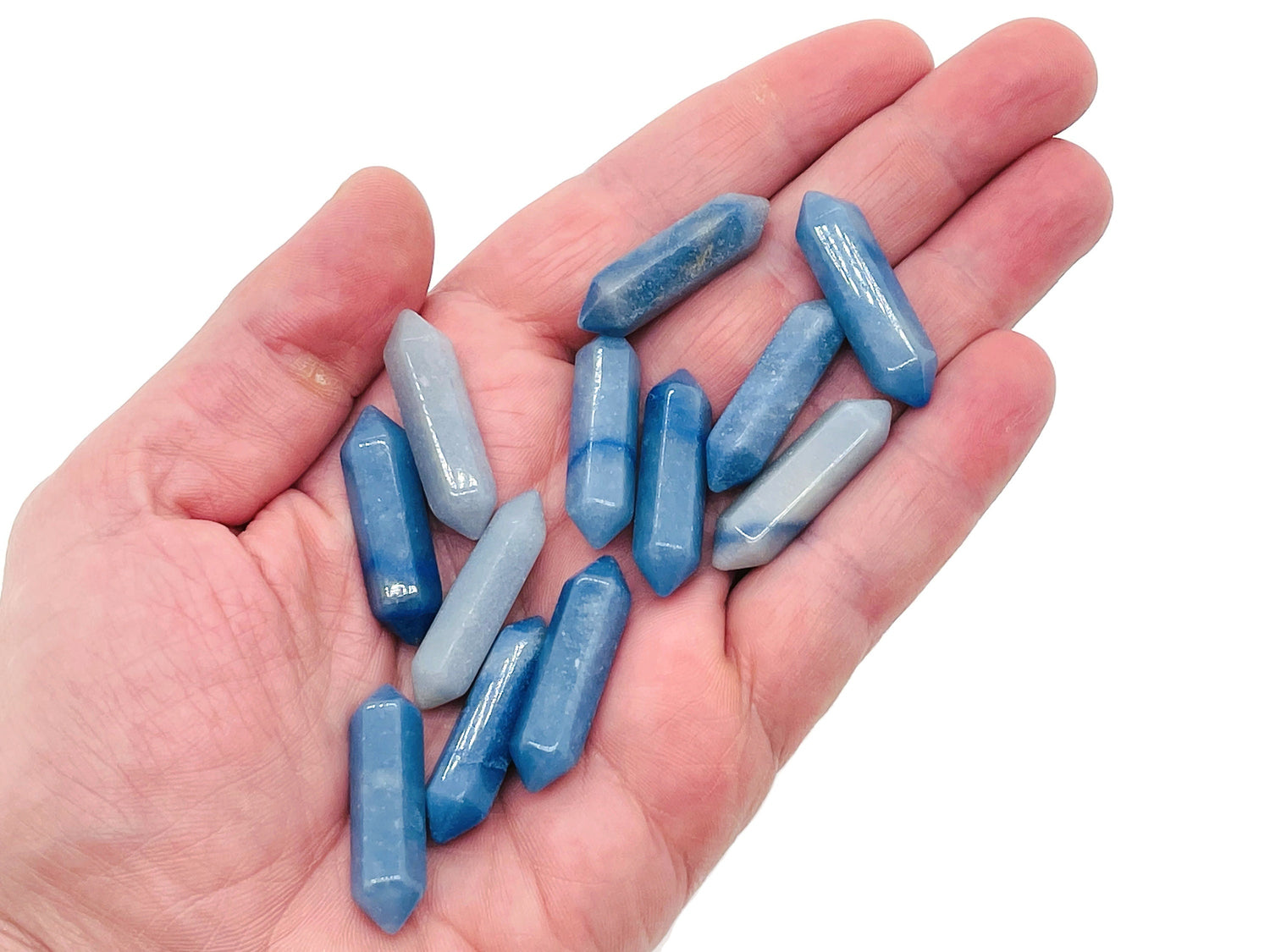 Blue aventurine terminated carved gemstone point, 33mm, from GemstoneGO, featuring a polished, pointed crystal with natural blue hues.