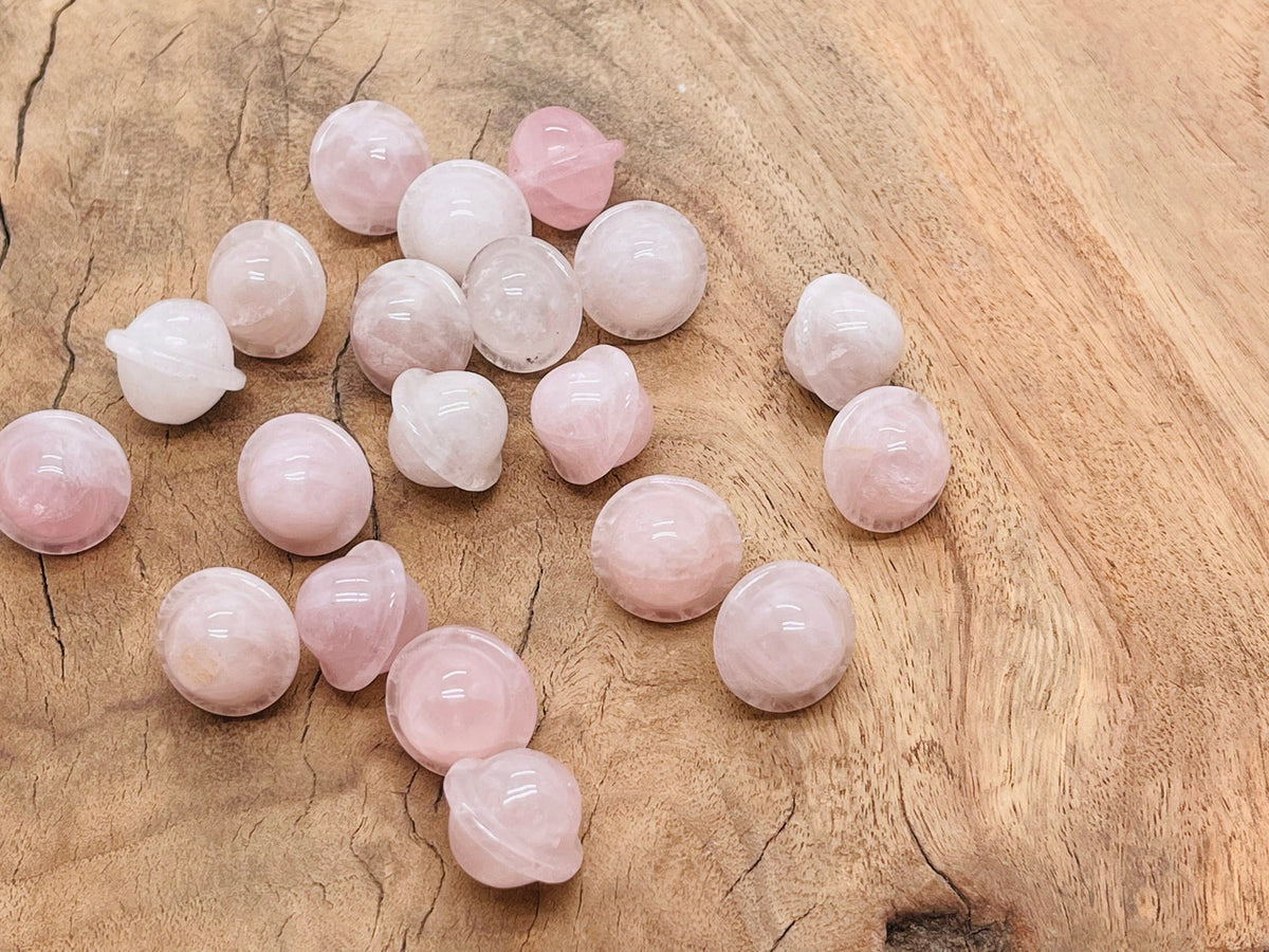 Mini rose quartz Saturn crystal carved gemstone, 18mm planet shape, natural pink gemstone for decor or collection.
