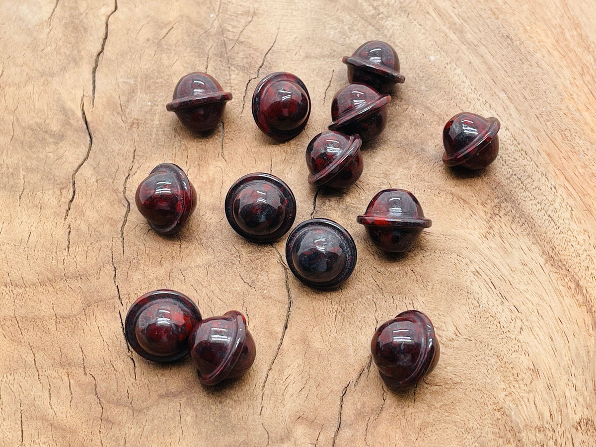 Mini 18mm Chicken Bloodstone Jasper Saturn crystal carved gemstone, featuring detailed planetary design from GemstoneGO.