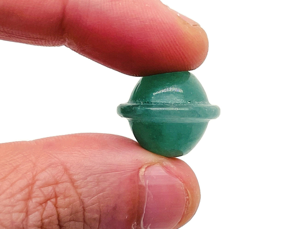 Mini Saturn-shaped aventurine gemstone carving, 18mm, from GemstoneGO, showcasing detailed planetary design and vibrant green color.