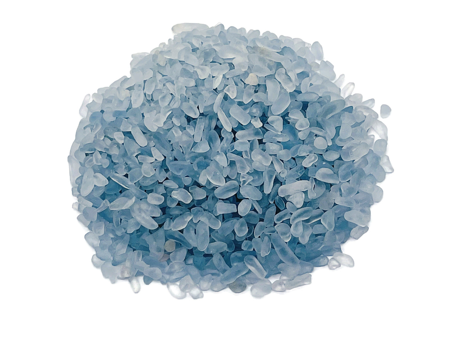 Semi-tumbled Celestite crystal chips in 2-6mm bulk stones, showcasing blue and white gemstone fragments from GemstoneGO.
