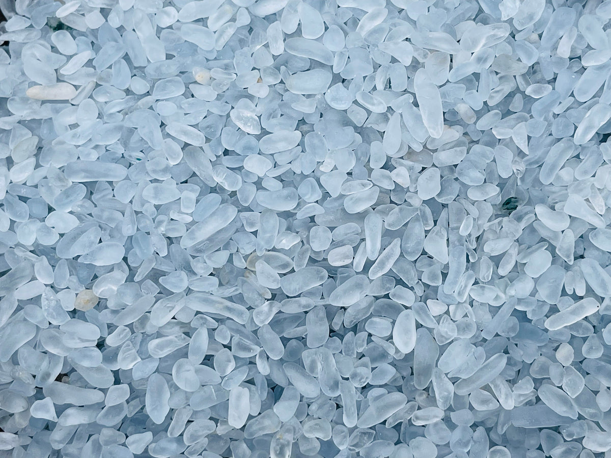 Semi-tumbled Celestite crystal chips in 2-6mm, natural gemstone stones from GemstoneGO for jewelry and healing applications.