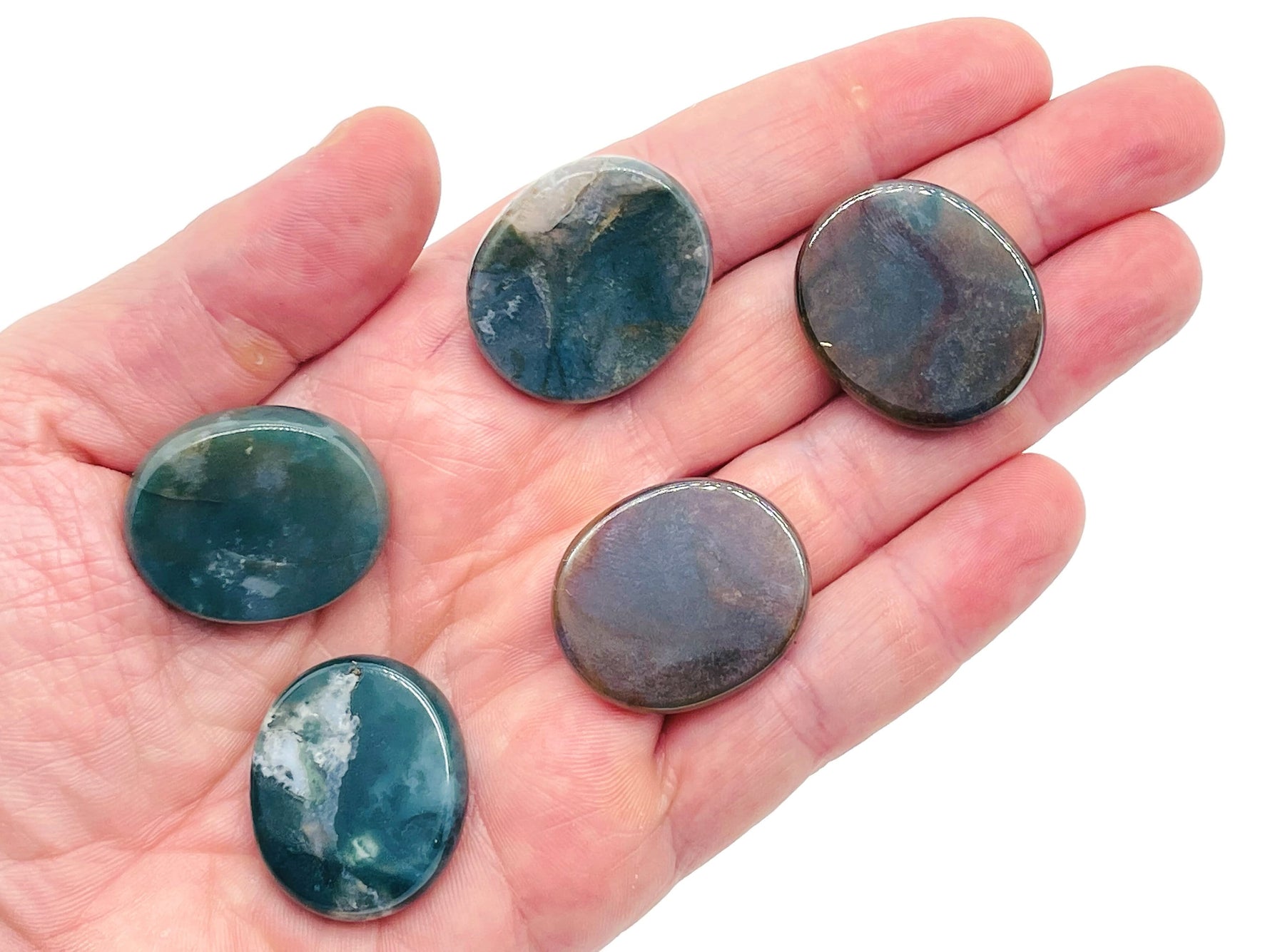 Moss agate flat gemstone slab with green and brown patterns, measuring 30x25x7 mm, displayed on a white background.