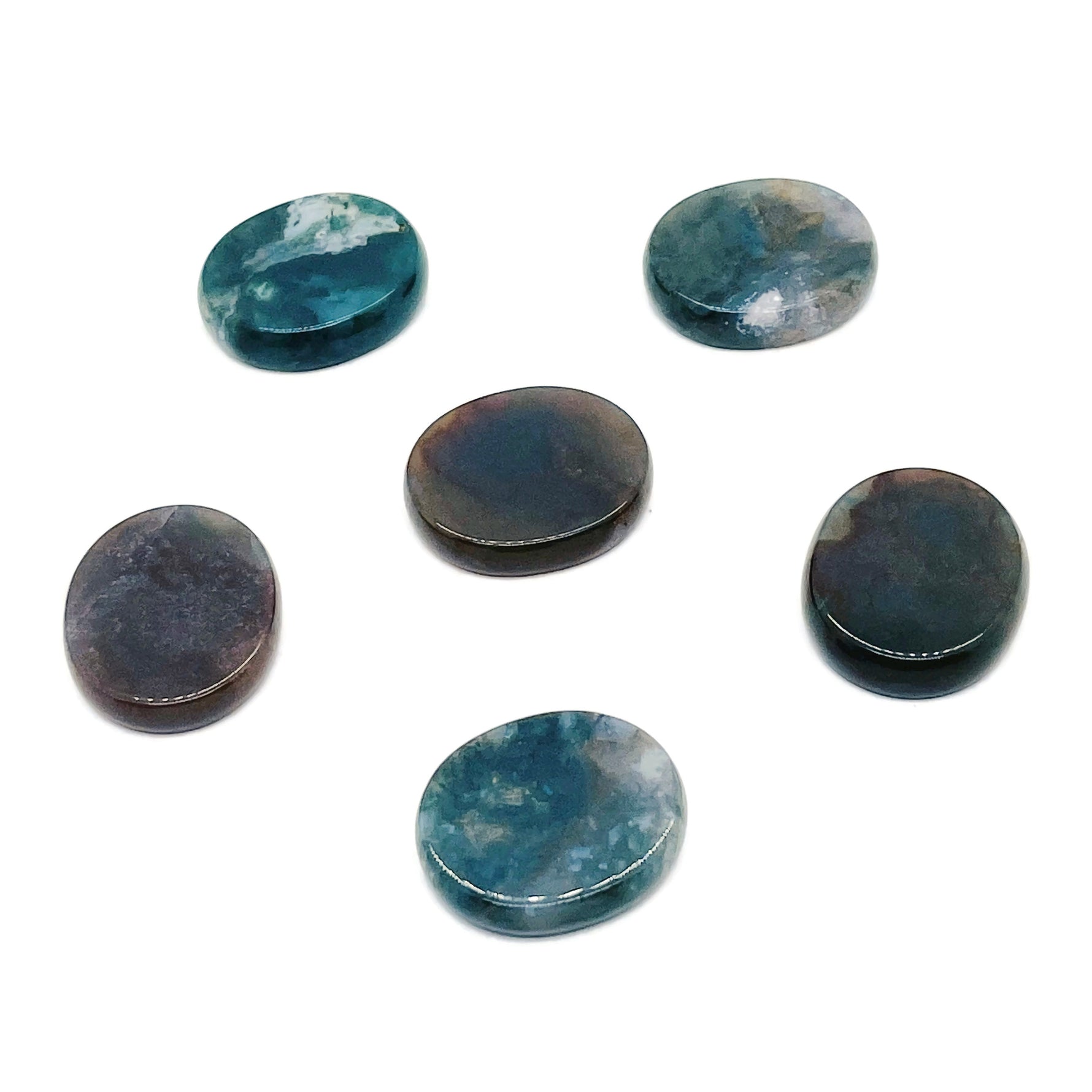 Moss Agate flat gemstone slab with green and brown mineral patterns, measuring 30x25x7 mm, from GemstoneGO.