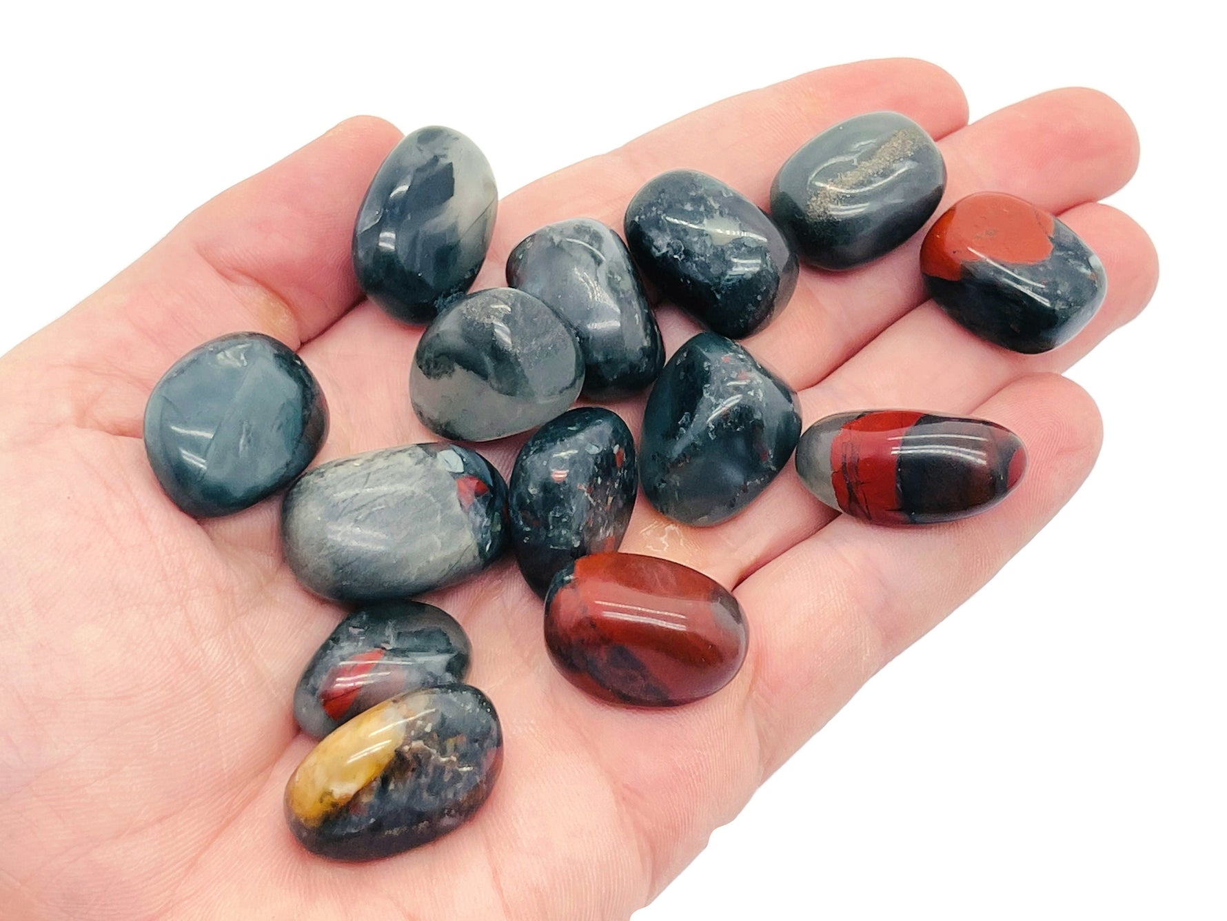 African Bloodstone tumbled gemstone from GemstoneGO, showcasing its deep red and green hues with smooth, polished surface.