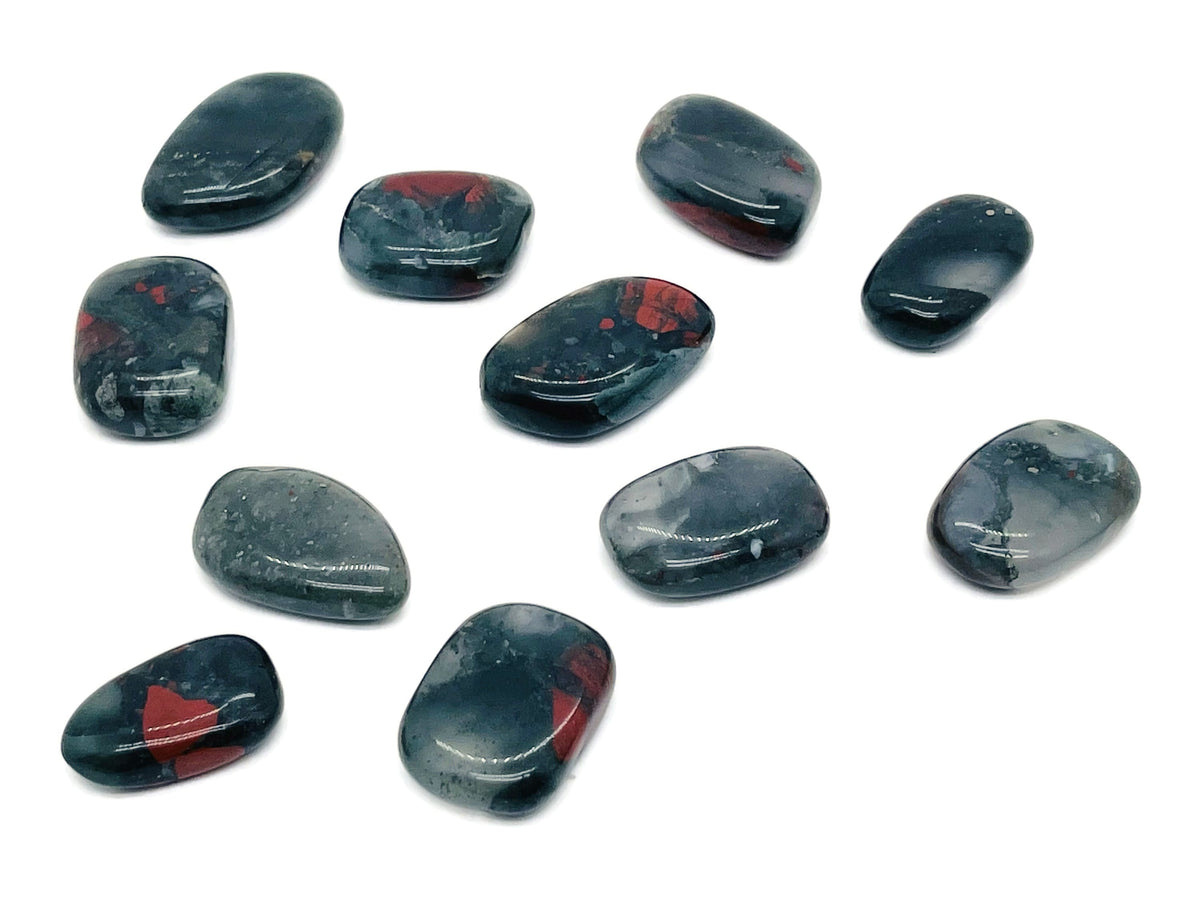 African Bloodstone flat gemstone slab with rich green and red mineral patterns, showcasing natural crystal formations.