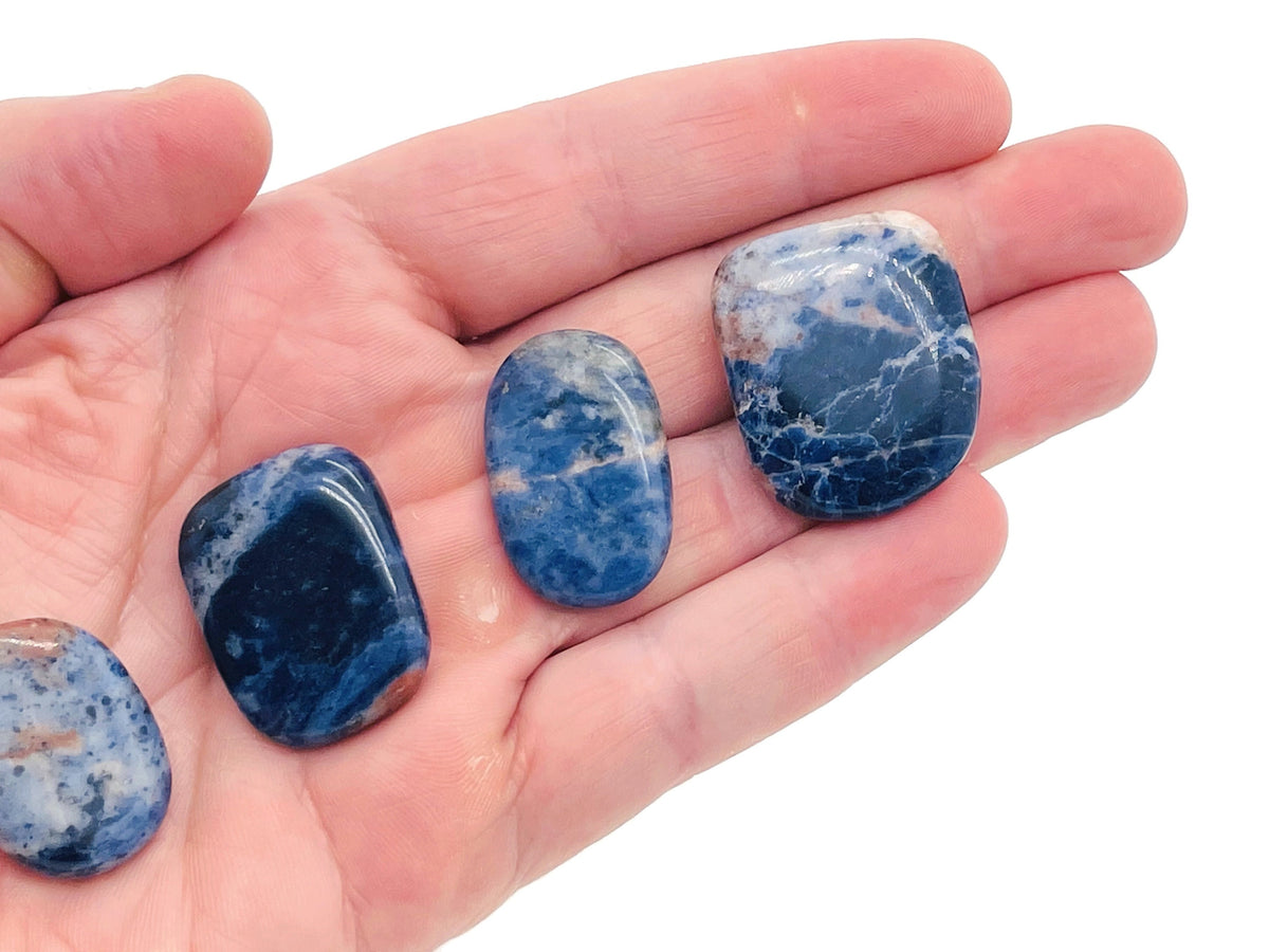 Sodalite flat gemstone slab from GemstoneGO, showing vibrant blue and white mineral patterns on smooth polished surface.