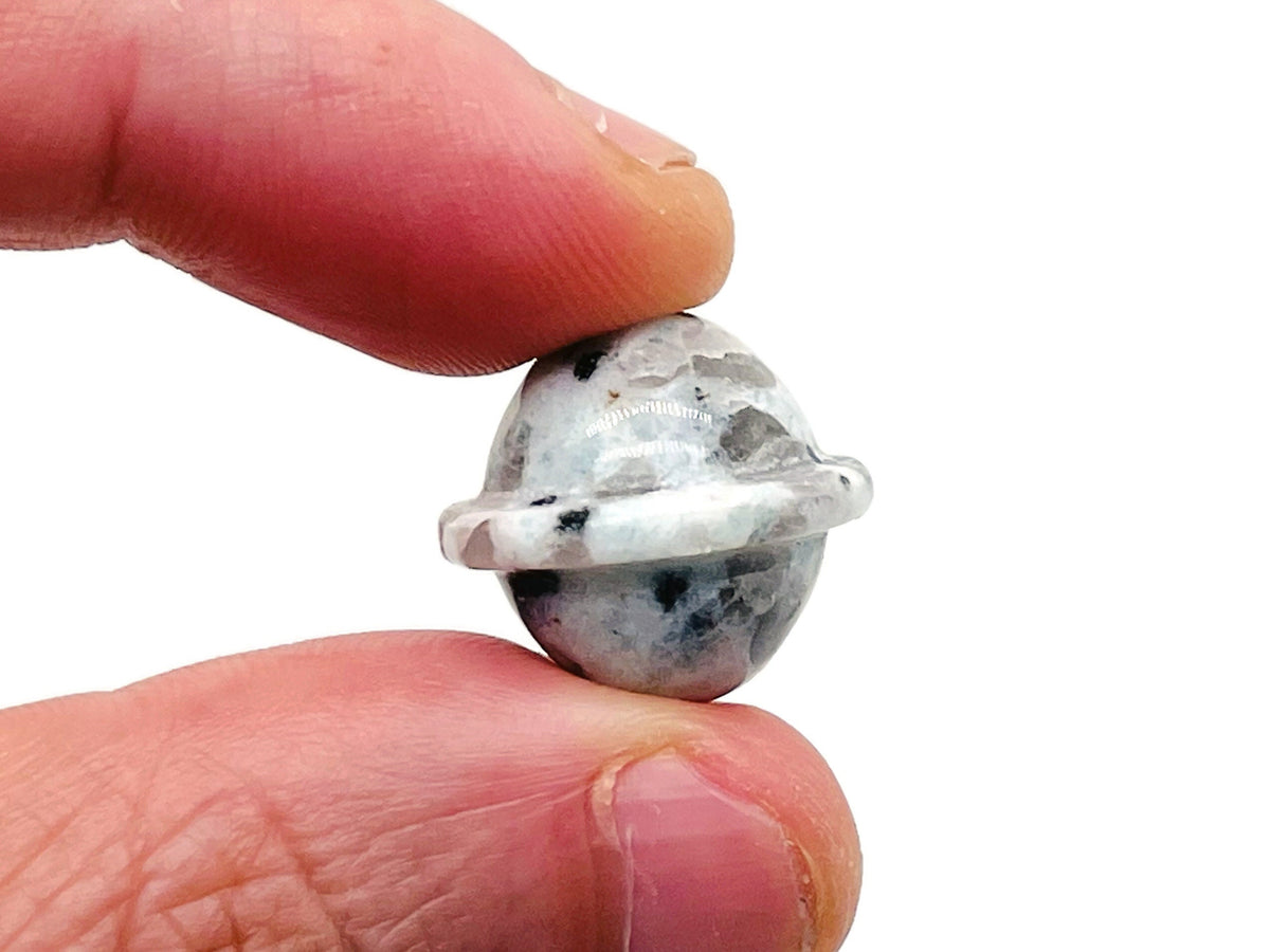 Mini Kiwi Jasper Saturn crystal carved gemstone, 18mm planetary pendant with detailed planetary surface design.