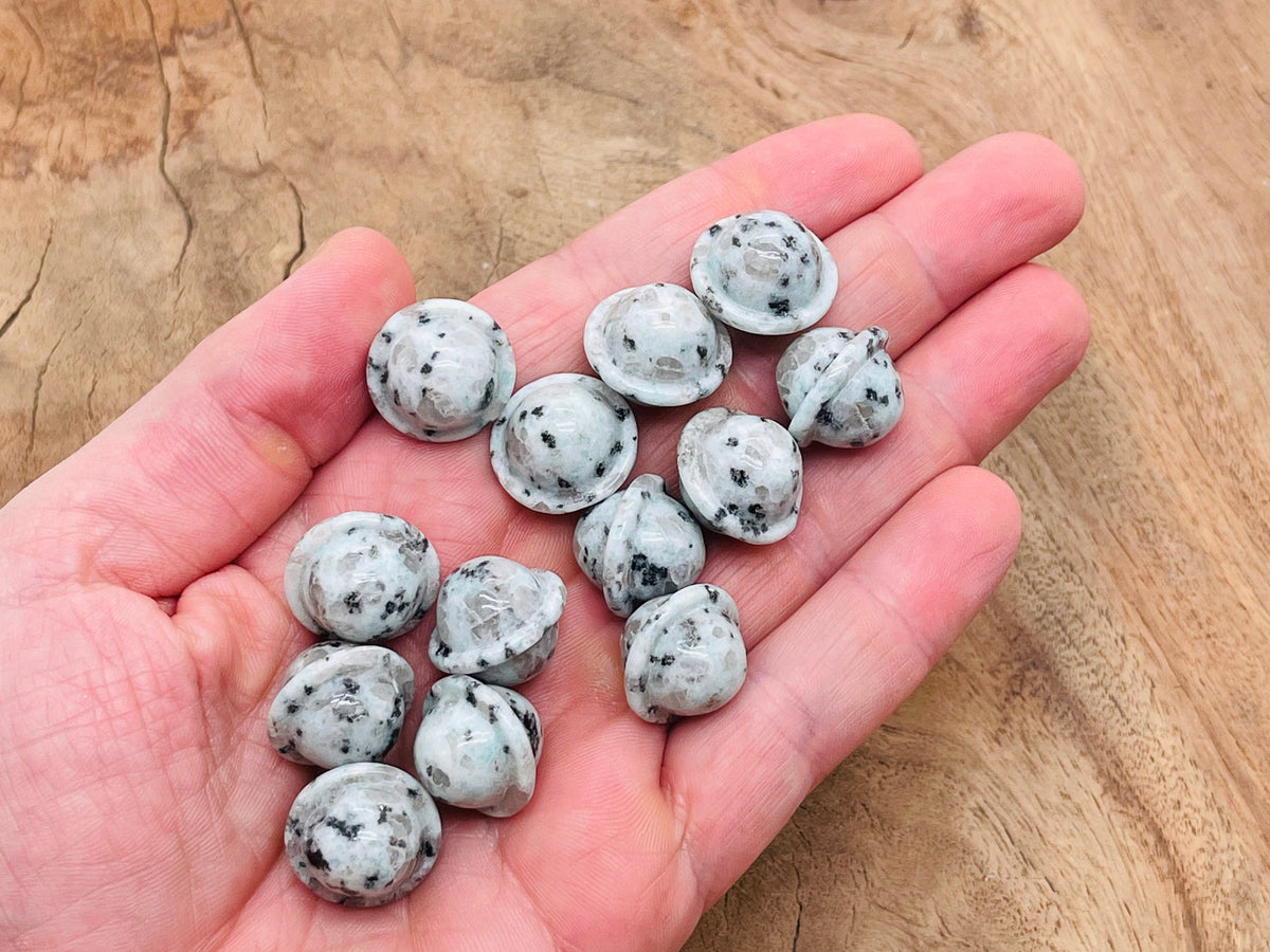 Mini Kiwi Jasper Saturn crystal carved gemstone, 18mm, showcasing detailed planetary design from GemstoneGO.
