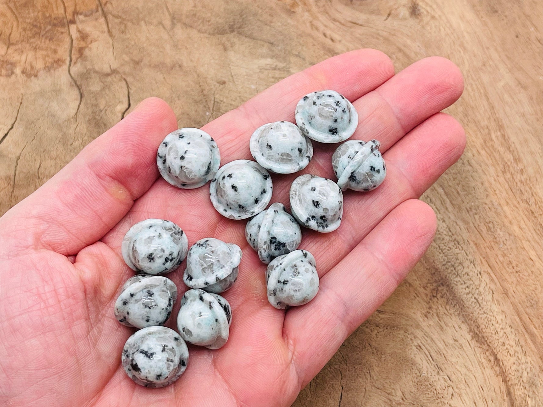 Mini Kiwi Jasper Saturn crystal carved gemstone, 18mm, showcasing detailed planetary design from GemstoneGO.
