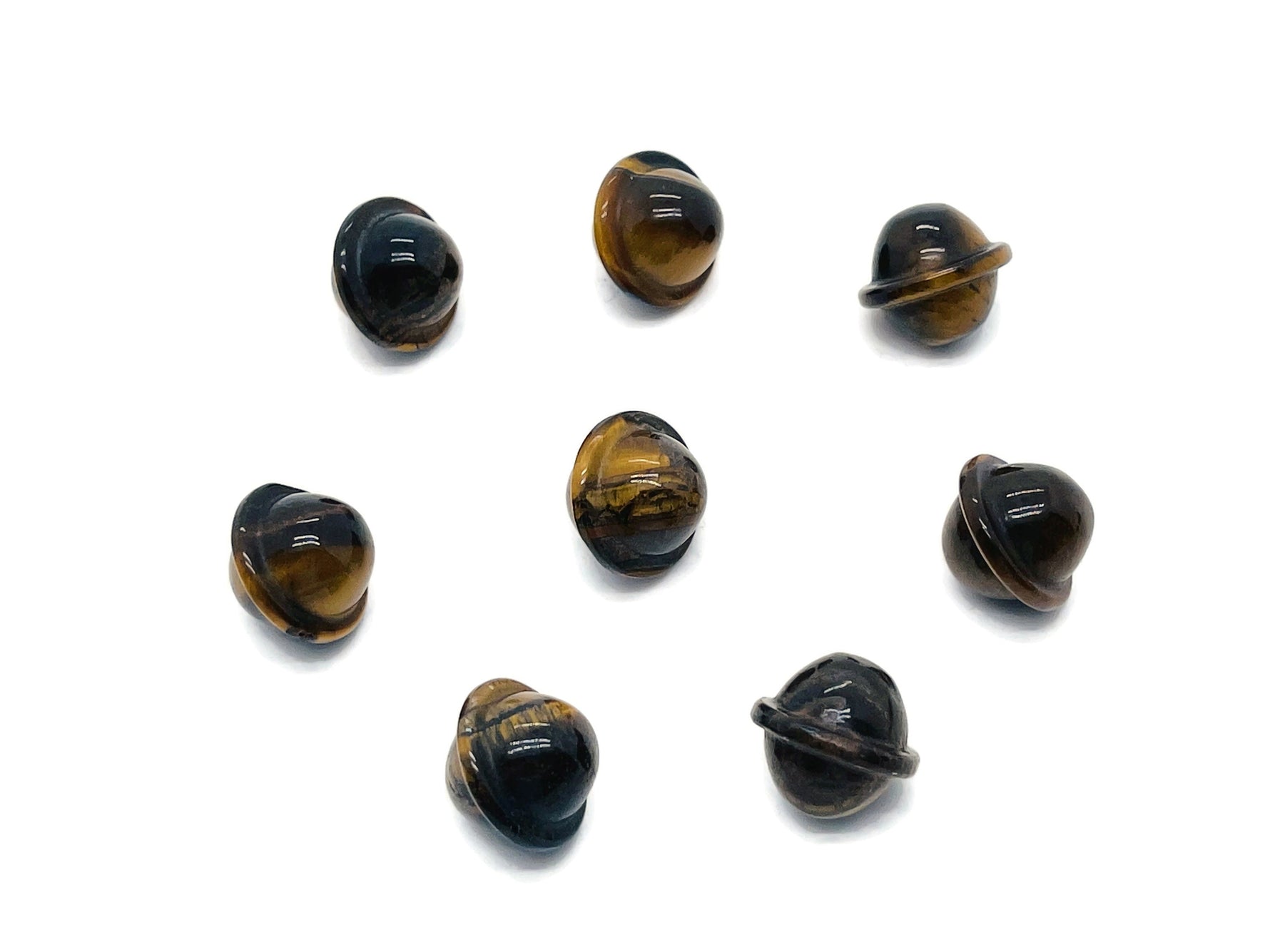 Mini Tiger Eye Saturn crystal gemstone carved as a planet, 18mm, from GemstoneGO, showcasing warm, polished tiger eye details.