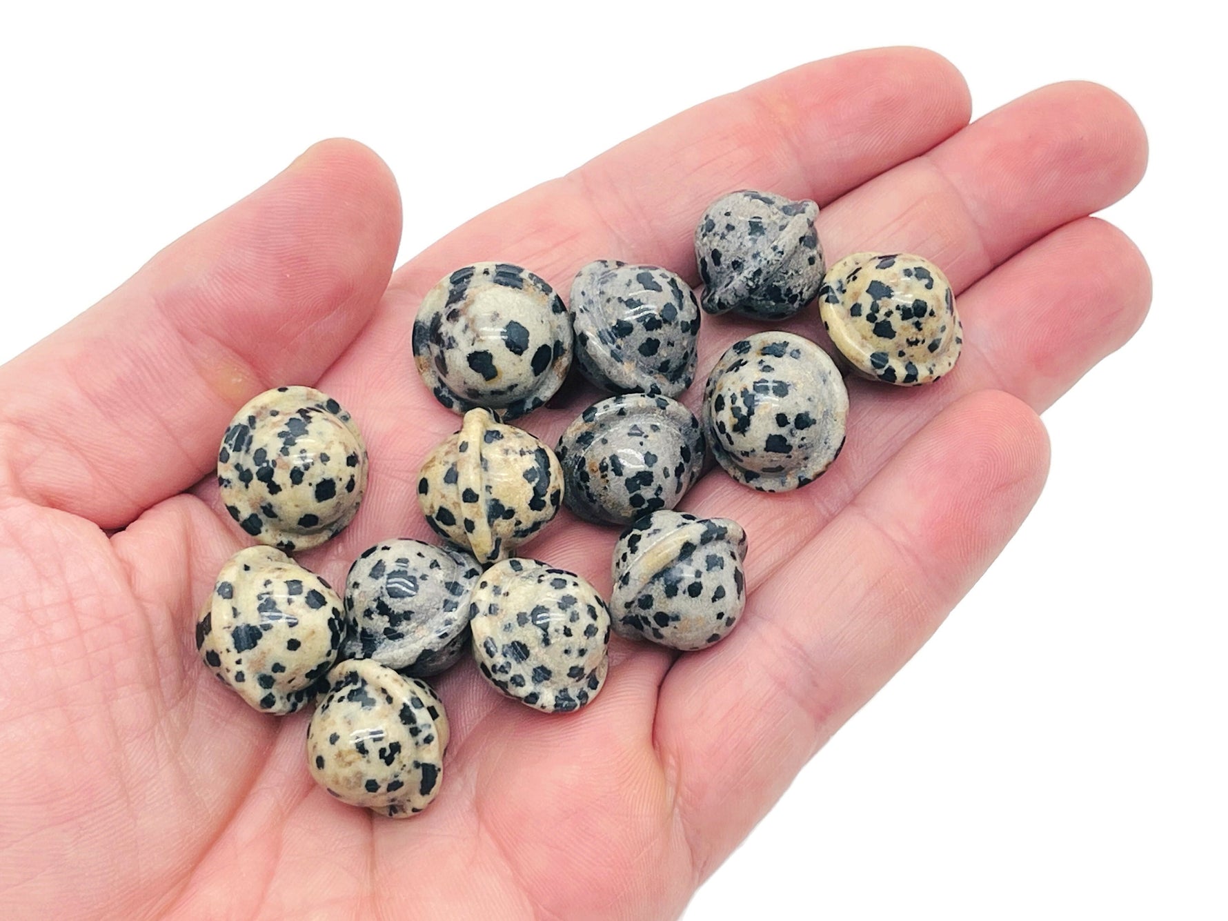 Mini Dalmatian Jasper Saturn crystal gemstone carved as a planet, 18mm, showcasing black spots on a cream base, from GemstoneGO.