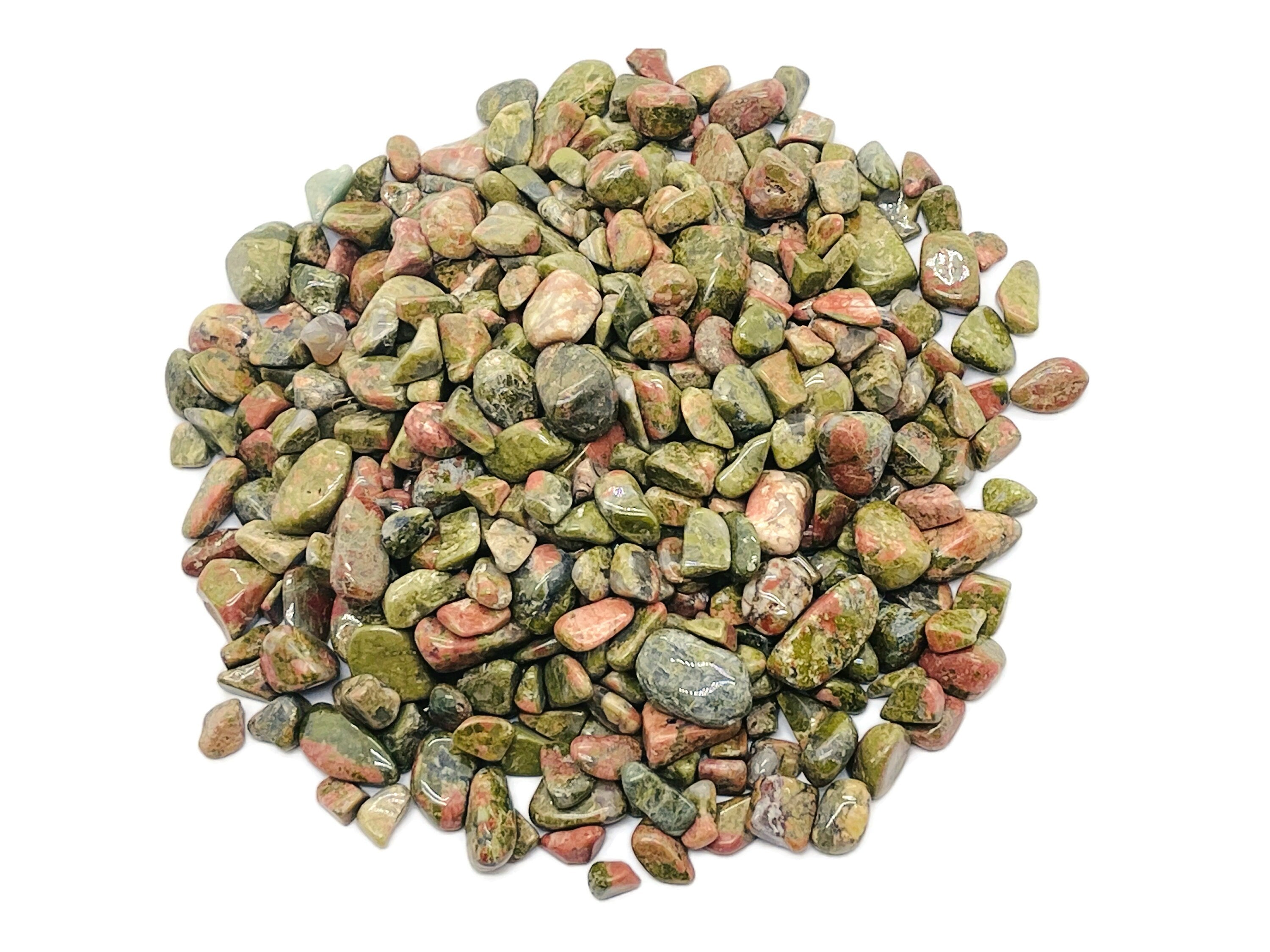 Unakite crystal chips in 7-12mm semi-tumbled stones, natural gemstone from GemstoneGO, shown in a close-up of the bulk collection.