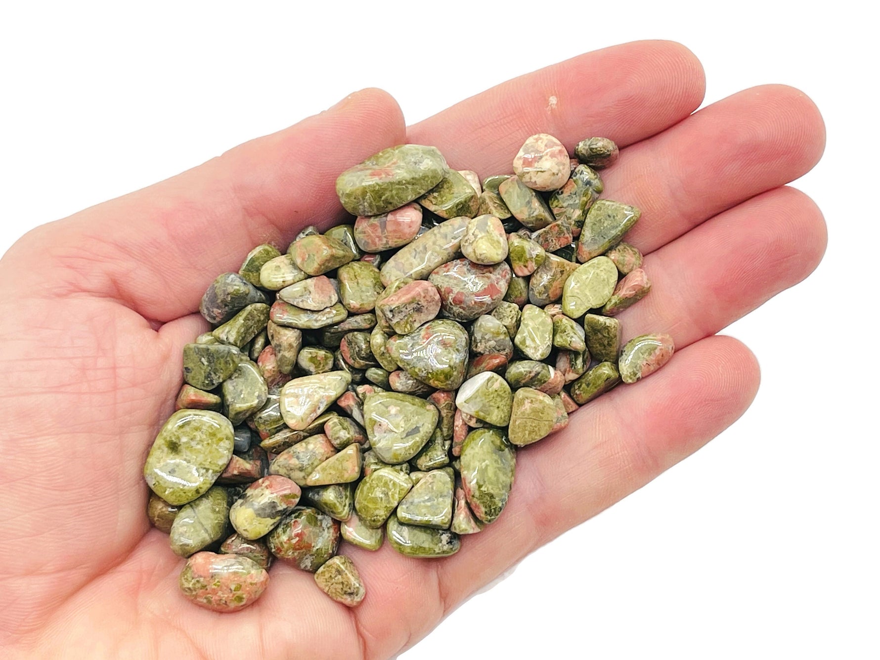 Semi tumbled Unakite crystal chips from GemstoneGO, 7-12mm bulk gemstone stones with vibrant green and pink hues.