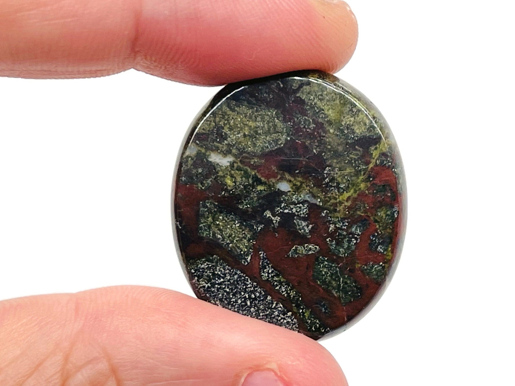 Dragon Blood Jasper flat gemstone slab from GemstoneGO, measuring 30x25x7 mm, showcasing deep red and brown mineral patterns.