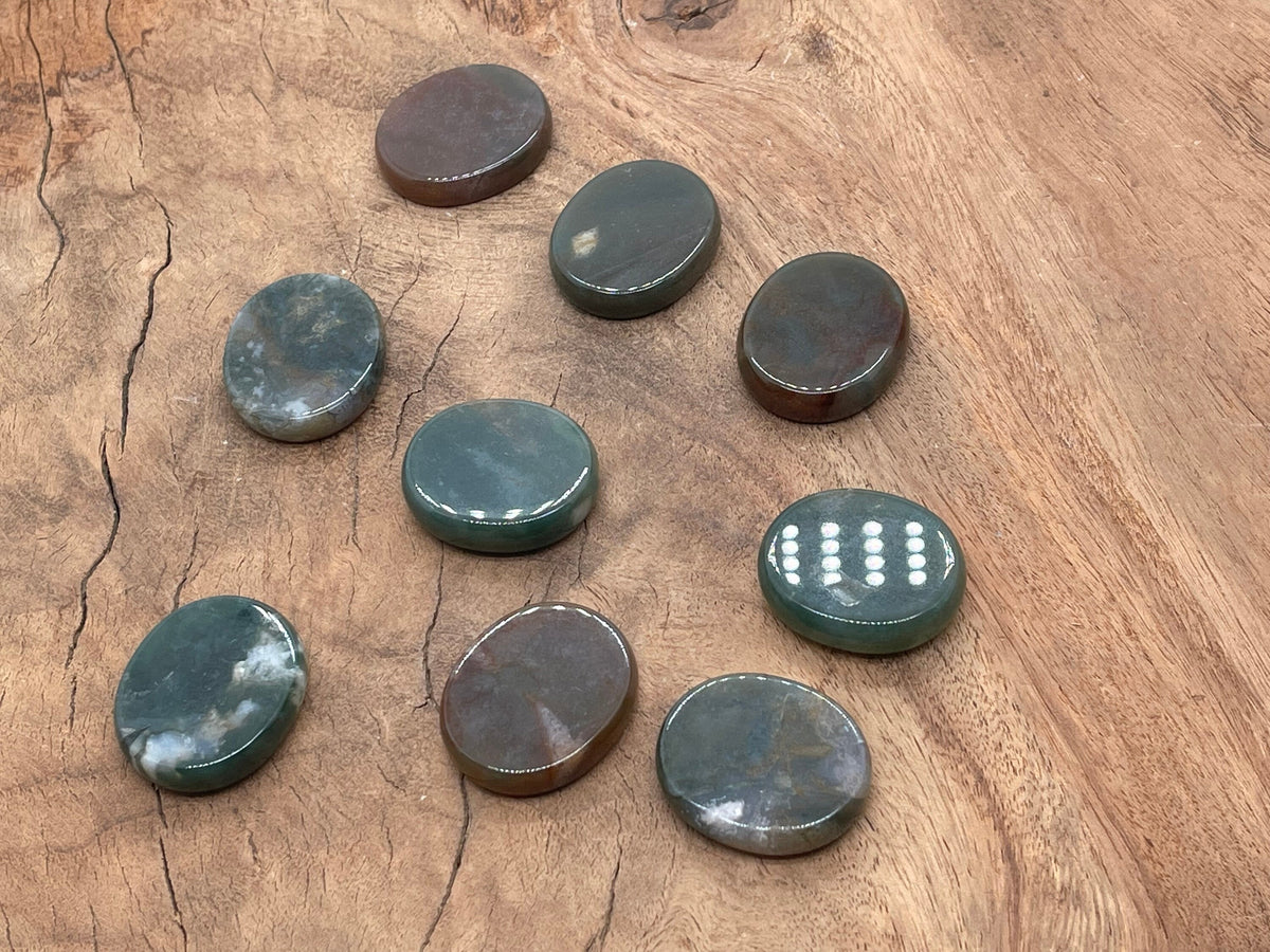 Moss agate flat gemstone slab from GemstoneGO, measuring 30x25x7 mm, showcasing natural green and brown moss-like patterns.