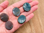 Moss agate flat gemstone slab with green and brown natural patterns, measuring 30x25x7 mm, from GemstoneGO.