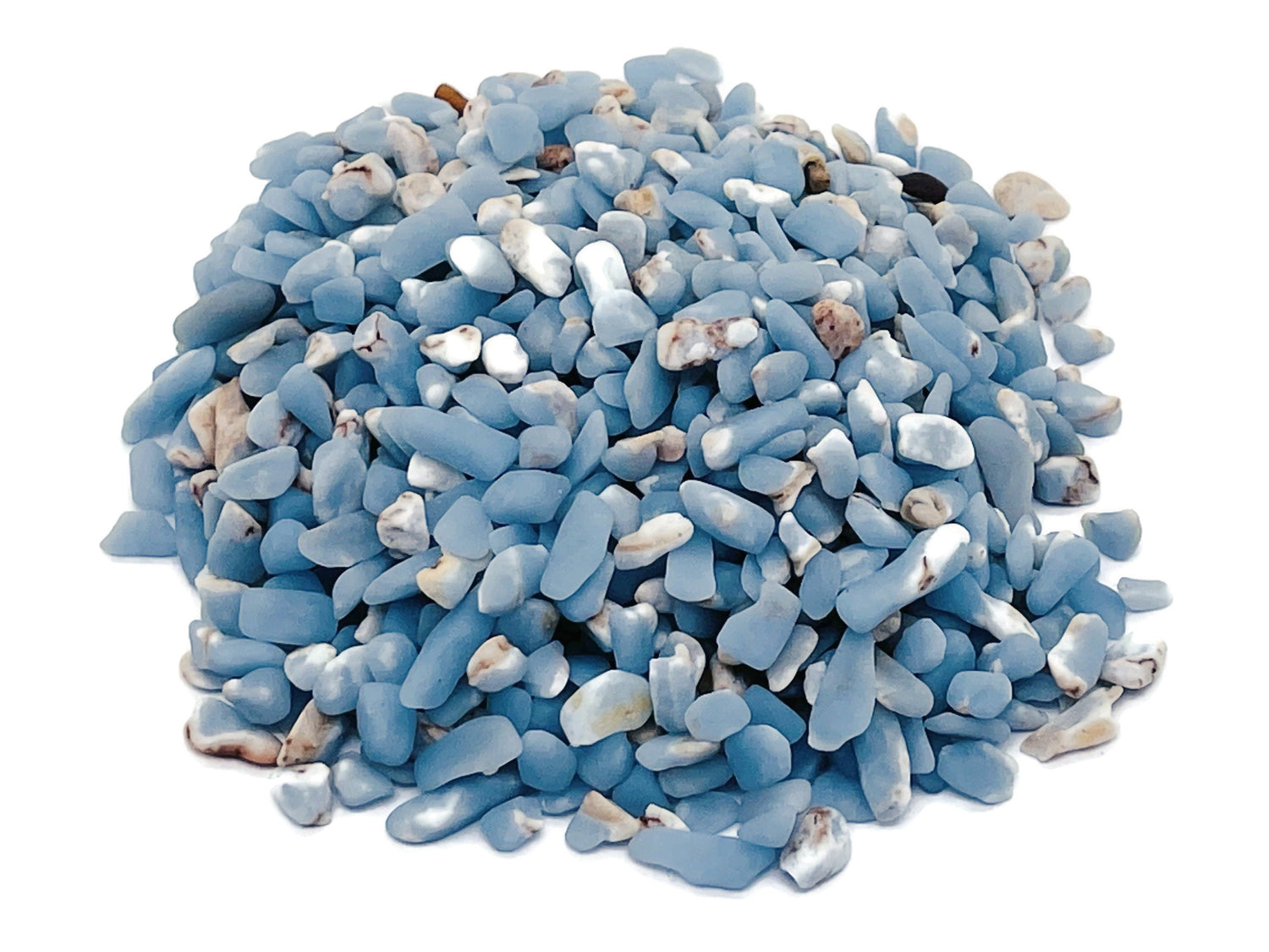 Semi-tumbled Angelite crystal chips in 5-7mm, showing smooth, blue-gray gemstone pieces ideal for jewelry or craft projects.
