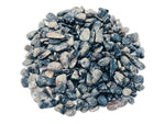 Blue Liberite Que Sera Crystal Chips from GemstoneGO, semi-tumbled 7-9mm bulk gemstones in a natural blue color.